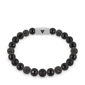 Front view of an 8mm Black Sirius beaded stretch bracelet featuring Smooth Onyx, Black Pave, Faceted Onyx, & Matte Onyx crystal and silver stainless steel logo bead made by Voltlin