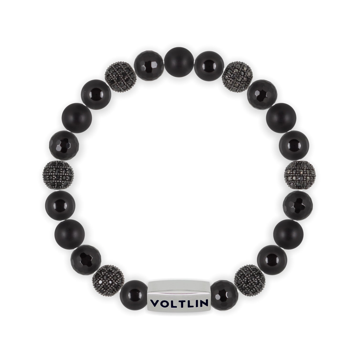 Top view of an 8mm Black Sirius beaded stretch bracelet featuring Smooth Onyx, Black Pave, Faceted Onyx, & Matte Onyx crystal and silver stainless steel logo bead made by Voltlin