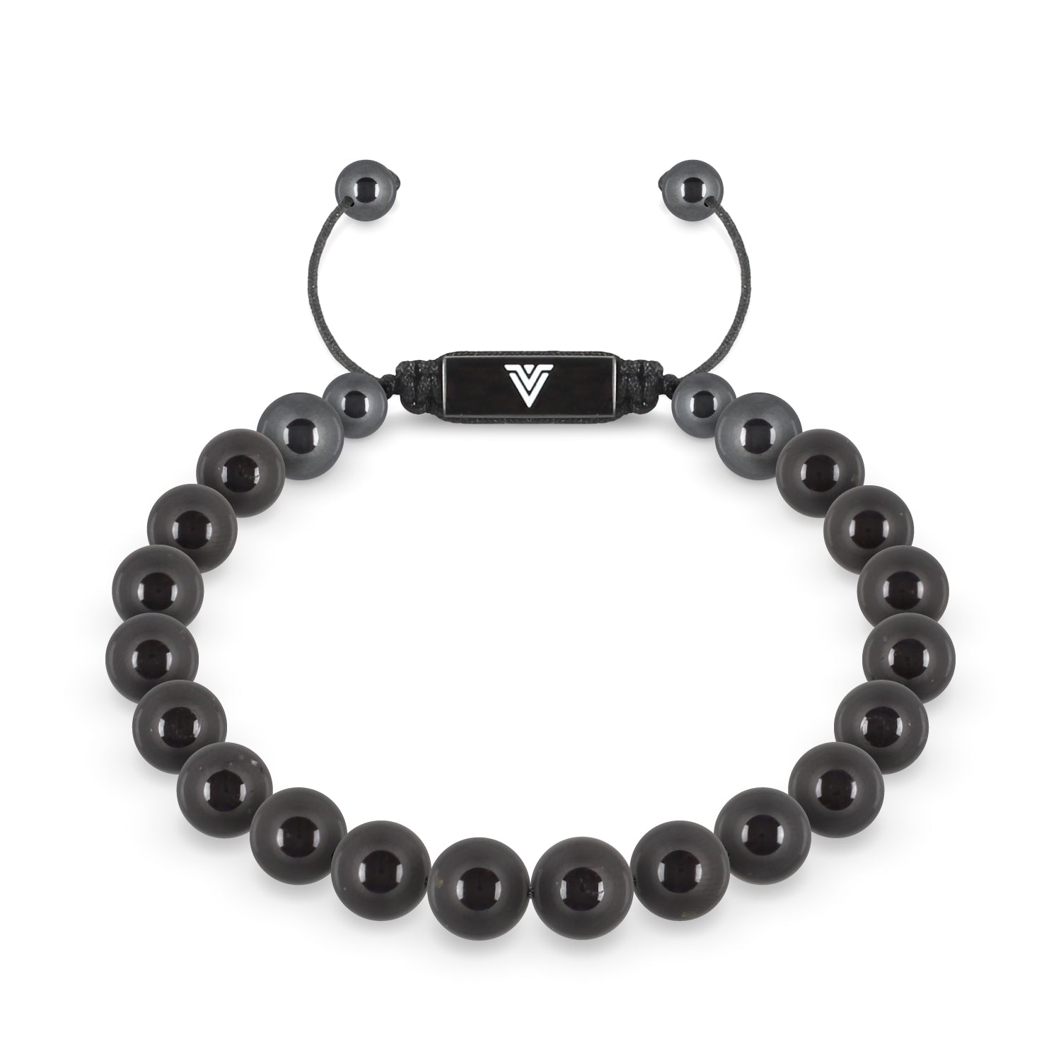 Front view of an 8mm Black Tourmaline crystal beaded shamballa bracelet with black stainless steel logo bead made by Voltlin