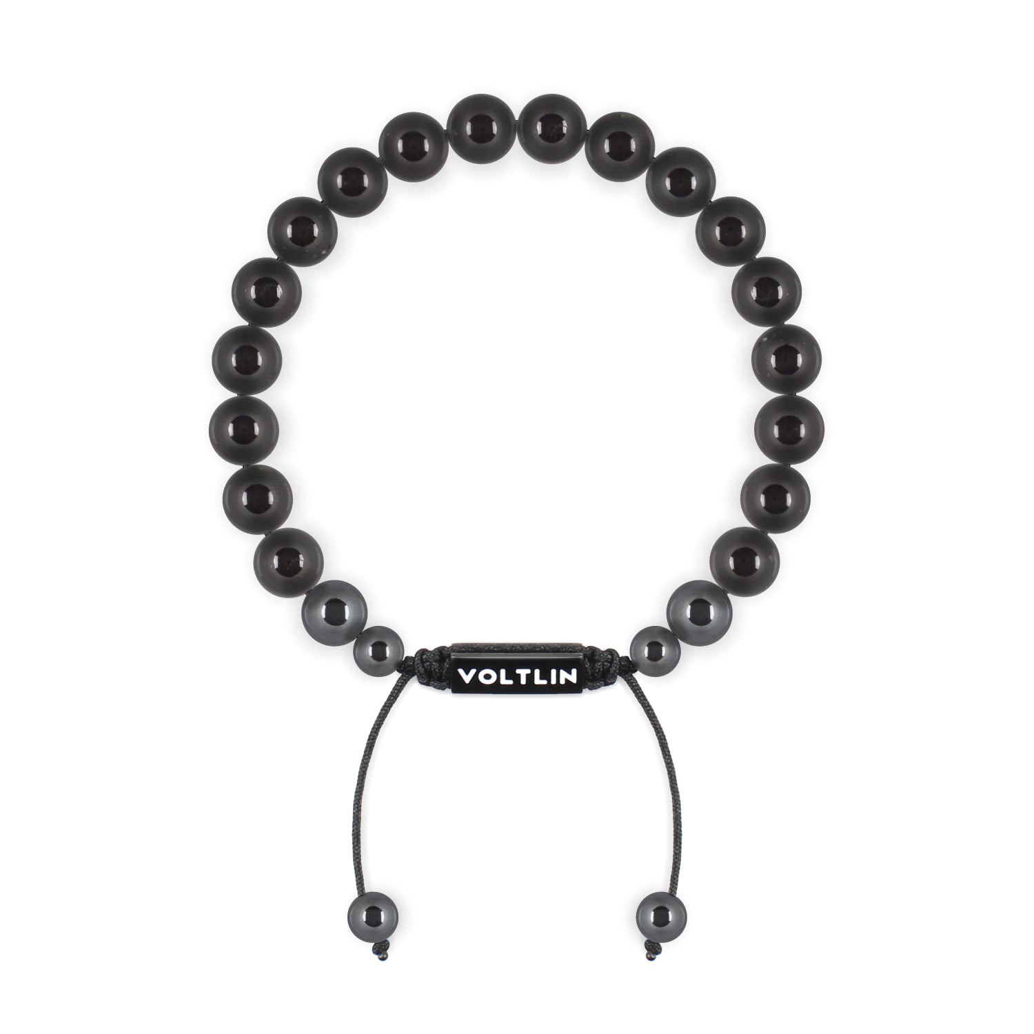 Top view of an 8mm Black Tourmaline crystal beaded shamballa bracelet with black stainless steel logo bead made by Voltlin