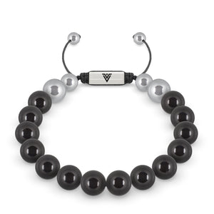 Front view of a 10mm Black Tourmaline beaded shamballa bracelet with silver stainless steel logo bead made by Voltlin