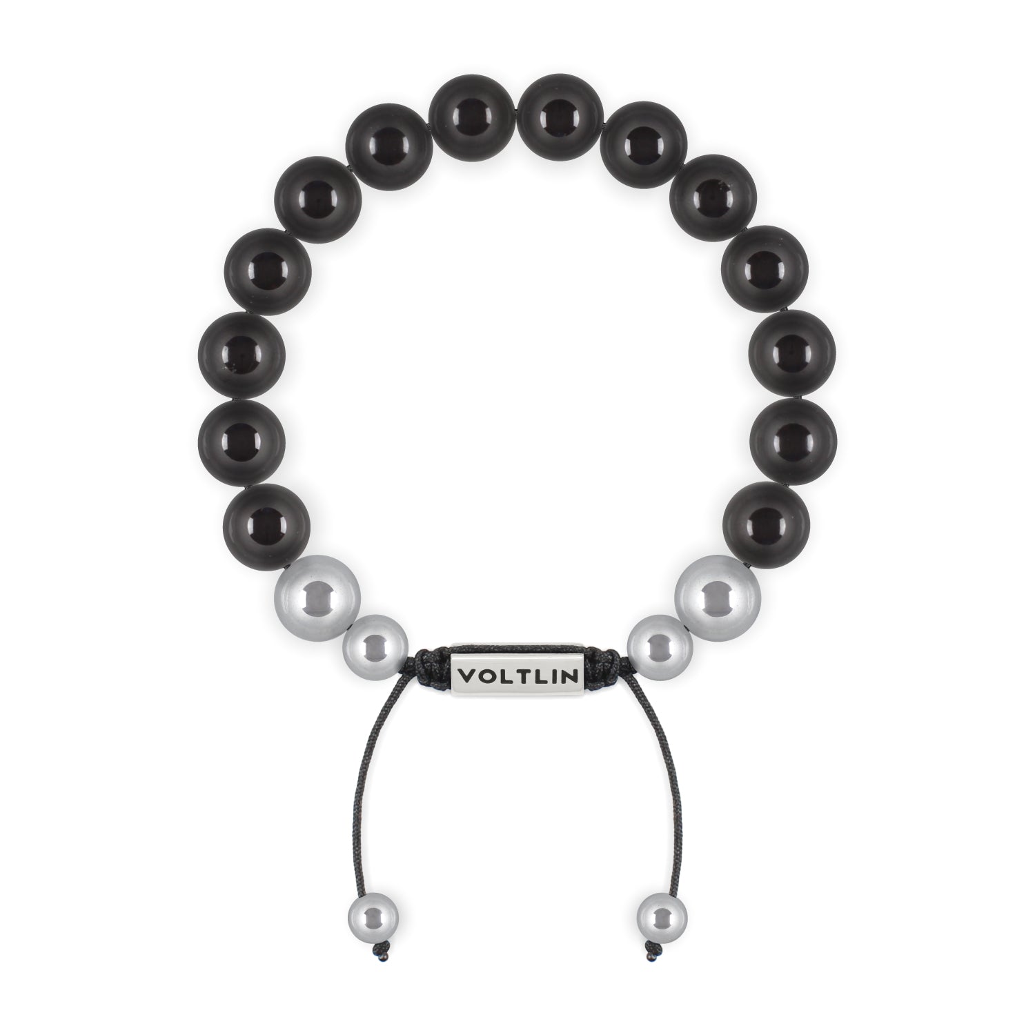 Top view of a 10mm Black Tourmaline beaded shamballa bracelet with silver stainless steel logo bead made by Voltlin