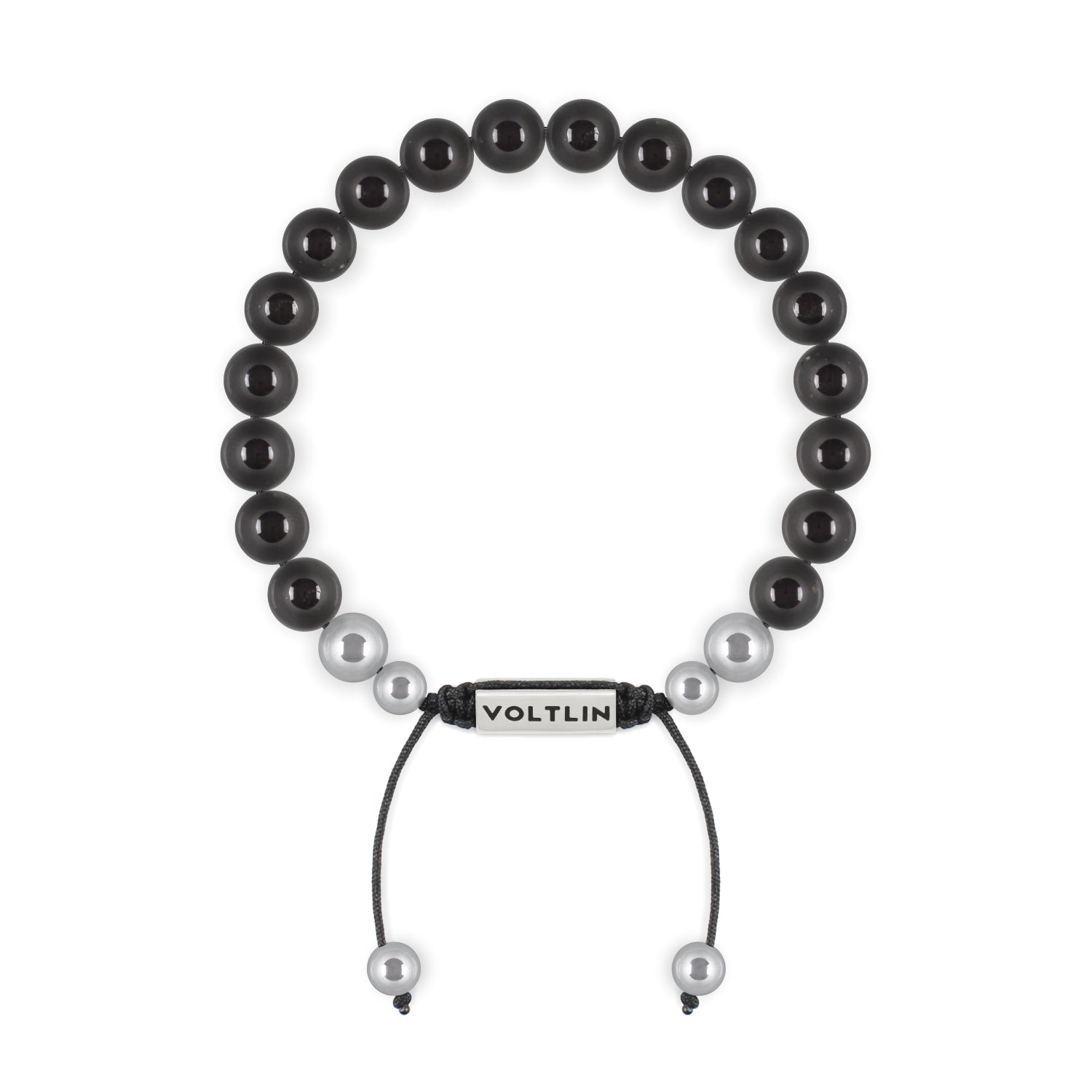 Top view of an 8mm Black Tourmaline beaded shamballa bracelet with silver stainless steel logo bead made by Voltlin