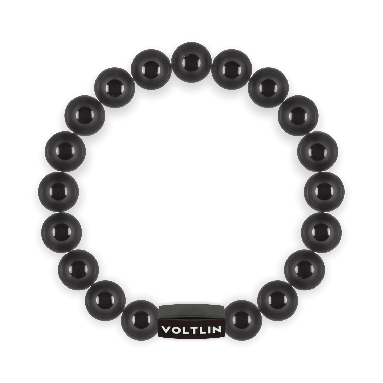 Top view of a 10mm Black Tourmaline crystal beaded stretch bracelet with black stainless steel logo bead made by Voltlin