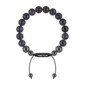 Top view of a 10mm Blue Goldstone crystal beaded shamballa bracelet with black stainless steel logo bead made by Voltlin