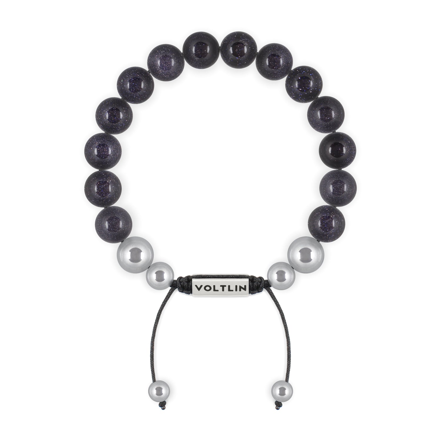 Top view of a 10mm Blue Goldstone beaded shamballa bracelet with silver stainless steel logo bead made by Voltlin