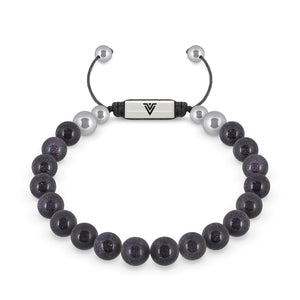 Front view of an 8mm Blue Goldstone beaded shamballa bracelet with silver stainless steel logo bead made by Voltlin