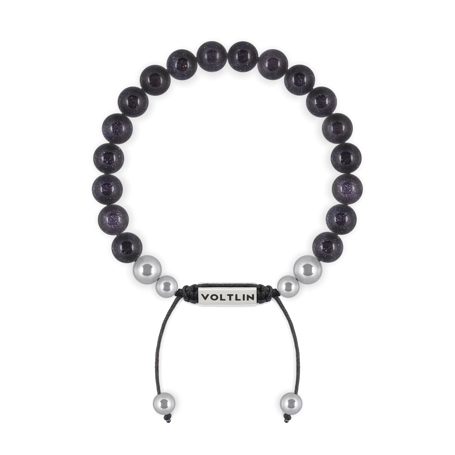 Top view of an 8mm Blue Goldstone beaded shamballa bracelet with silver stainless steel logo bead made by Voltlin