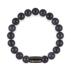 Top view of a 10mm Blue Goldstone crystal beaded stretch bracelet with black stainless steel logo bead made by Voltlin