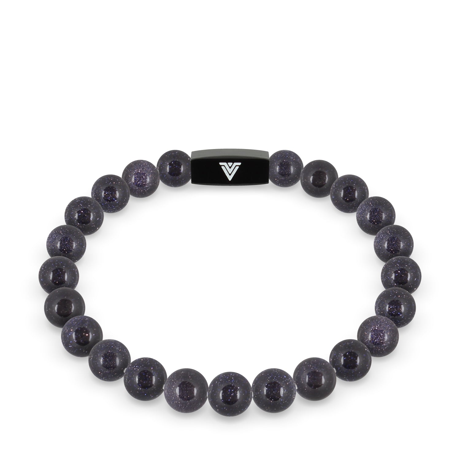 Front view of an 8mm Blue Goldstone crystal beaded stretch bracelet with black stainless steel logo bead made by Voltlin