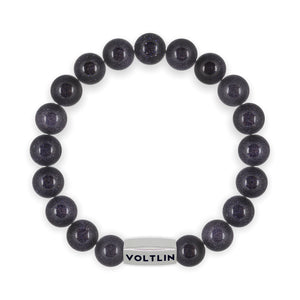 Top view of a 10mm Blue Goldstone beaded stretch bracelet with silver stainless steel logo bead made by Voltlin