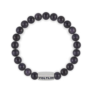 Top view of an 8mm Blue Goldstone beaded stretch bracelet with silver stainless steel logo bead made by Voltlin