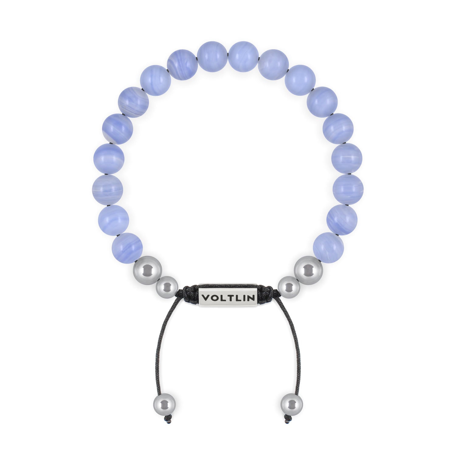 Top view of an 8mm Blue Lace Agate beaded shamballa bracelet with silver stainless steel logo bead made by Voltlin