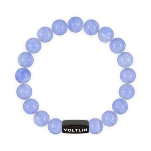 Top view of a 10mm Blue Lace Agate crystal beaded stretch bracelet with black stainless steel logo bead made by Voltlin