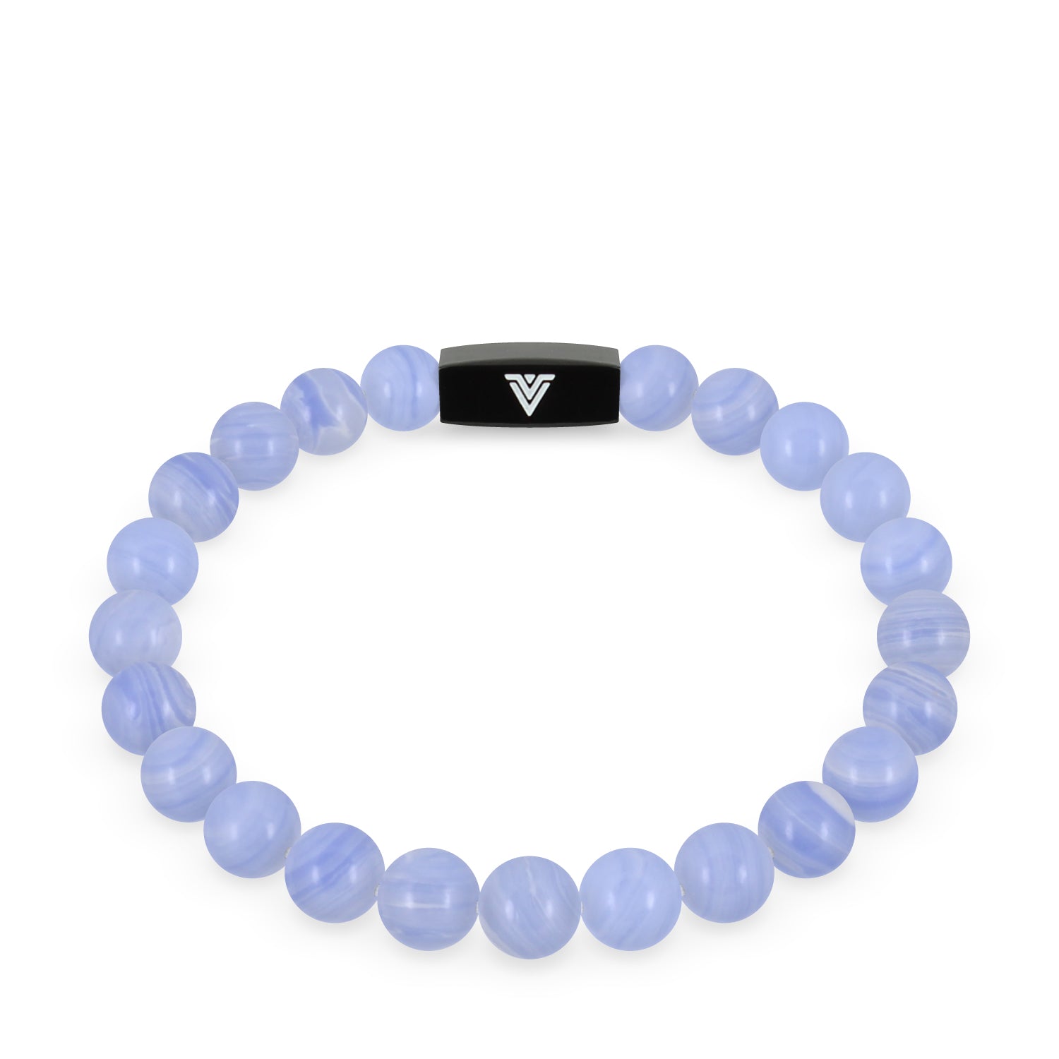 Front view of an 8mm Blue Lace Agate crystal beaded stretch bracelet with black stainless steel logo bead made by Voltlin