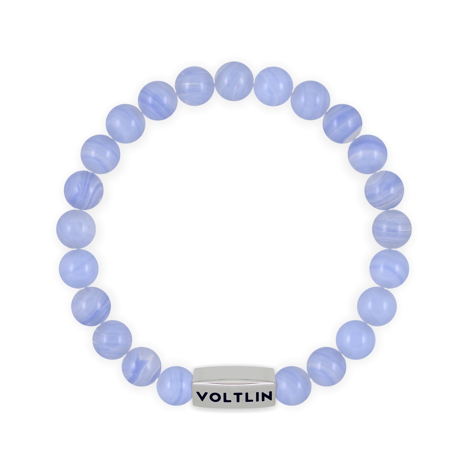 Top view of an 8mm Blue Lace Agate beaded stretch bracelet with silver stainless steel logo bead made by Voltlin