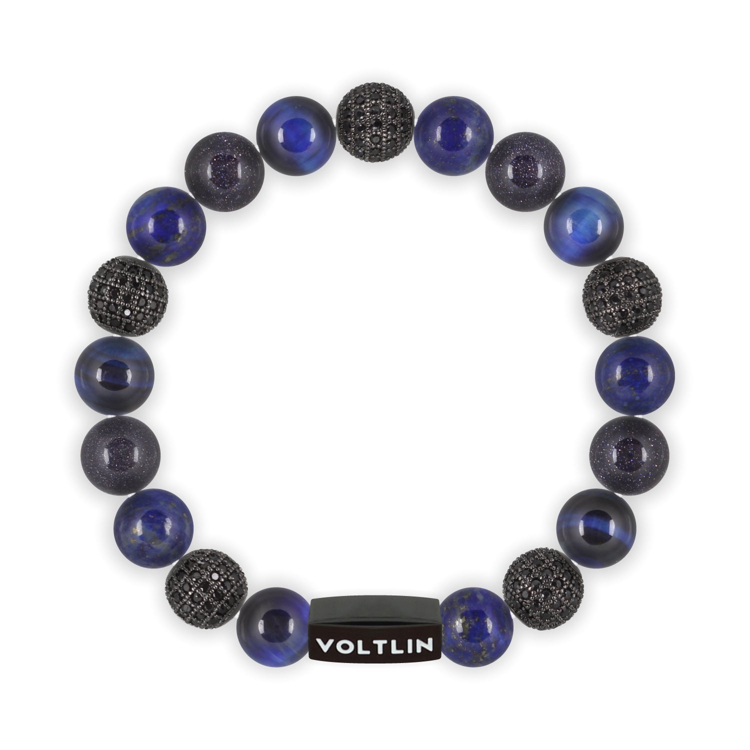 Top view of a 10 mm Blue Sirius beaded stretch bracelet featuring Blue Tiger’s Eye, Black Pave, Lapis Lazuli, & Blue Goldstone crystal and black stainless steel logo bead made by Voltlin