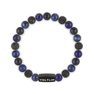 Top view of an 8 mm Blue Sirius beaded stretch bracelet featuring Blue Tiger’s Eye, Black Pave, Lapis Lazuli, & Blue Goldstone crystal and black stainless steel logo bead made by Voltlin