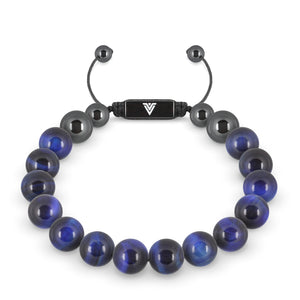 Front view of a 10mm Blue Tigers Eye crystal beaded shamballa bracelet with black stainless steel logo bead made by Voltlin