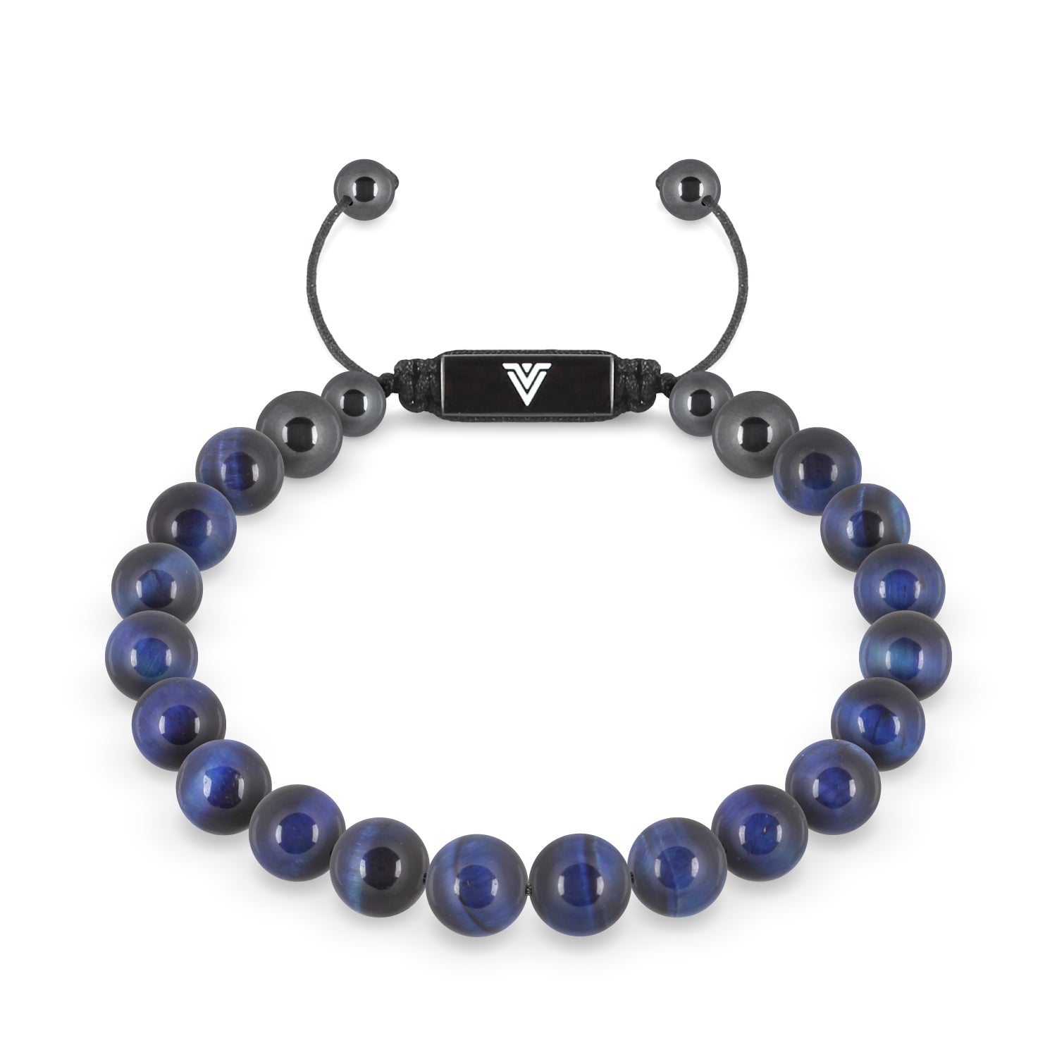 Front view of an 8mm Blue Tigers Eye crystal beaded shamballa bracelet with black stainless steel logo bead made by Voltlin
