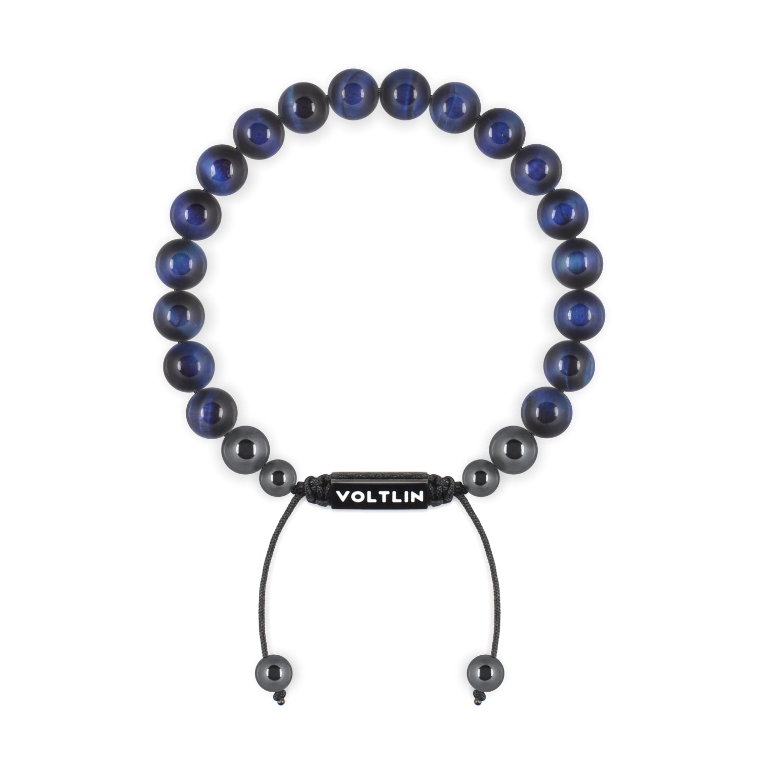 Top view of an 8mm Blue Tigers Eye crystal beaded shamballa bracelet with black stainless steel logo bead made by Voltlin