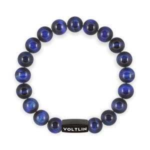 Top view of a 10mm Blue Tigers Eye crystal beaded stretch bracelet with black stainless steel logo bead made by Voltlin