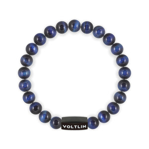 Top view of an 8mm Blue Tigers Eye crystal beaded stretch bracelet with black stainless steel logo bead made by Voltlin