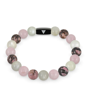 Front view of a 10mm Cancer Zodiac crystal beaded stretch bracelet with black stainless steel logo bead made by Voltlin
