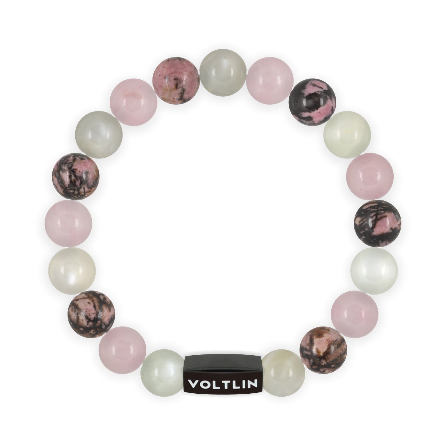 Top view of a 10mm Cancer Zodiac crystal beaded stretch bracelet with black stainless steel logo bead made by Voltlin