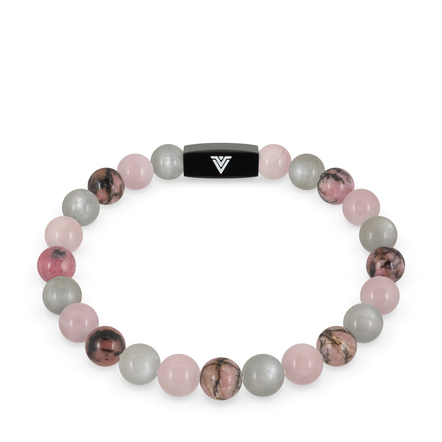 Front view of an 8mm Cancer Zodiac crystal beaded stretch bracelet with black stainless steel logo bead made by Voltlin