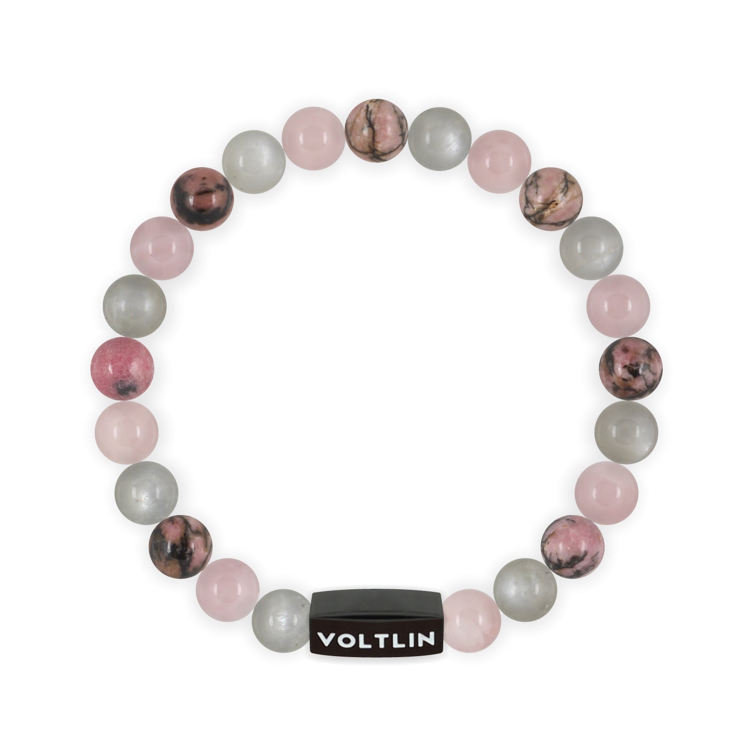 Top view of an 8mm Cancer Zodiac crystal beaded stretch bracelet with black stainless steel logo bead made by Voltlin