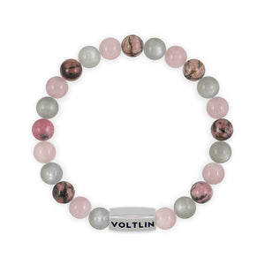 Top view of an 8mm Cancer Zodiac beaded stretch bracelet featuring Moonstone, Rose Quartz, & Rhodonite crystal and silver stainless steel logo bead made by Voltlin