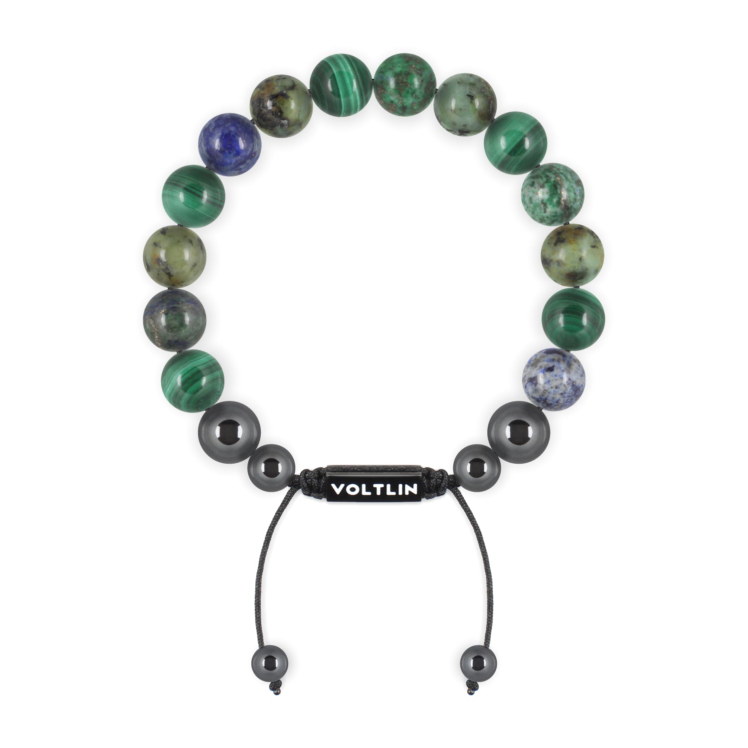 Top view of a 10mm Capricorn Zodiac crystal beaded shamballa bracelet with black stainless steel logo bead made by Voltlin