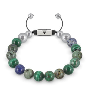 Front view of a 10mm Capricorn Zodiac beaded shamballa bracelet featuring Malachite, African Turquoise, & Azurite crystal and silver stainless steel logo bead made by Voltlin