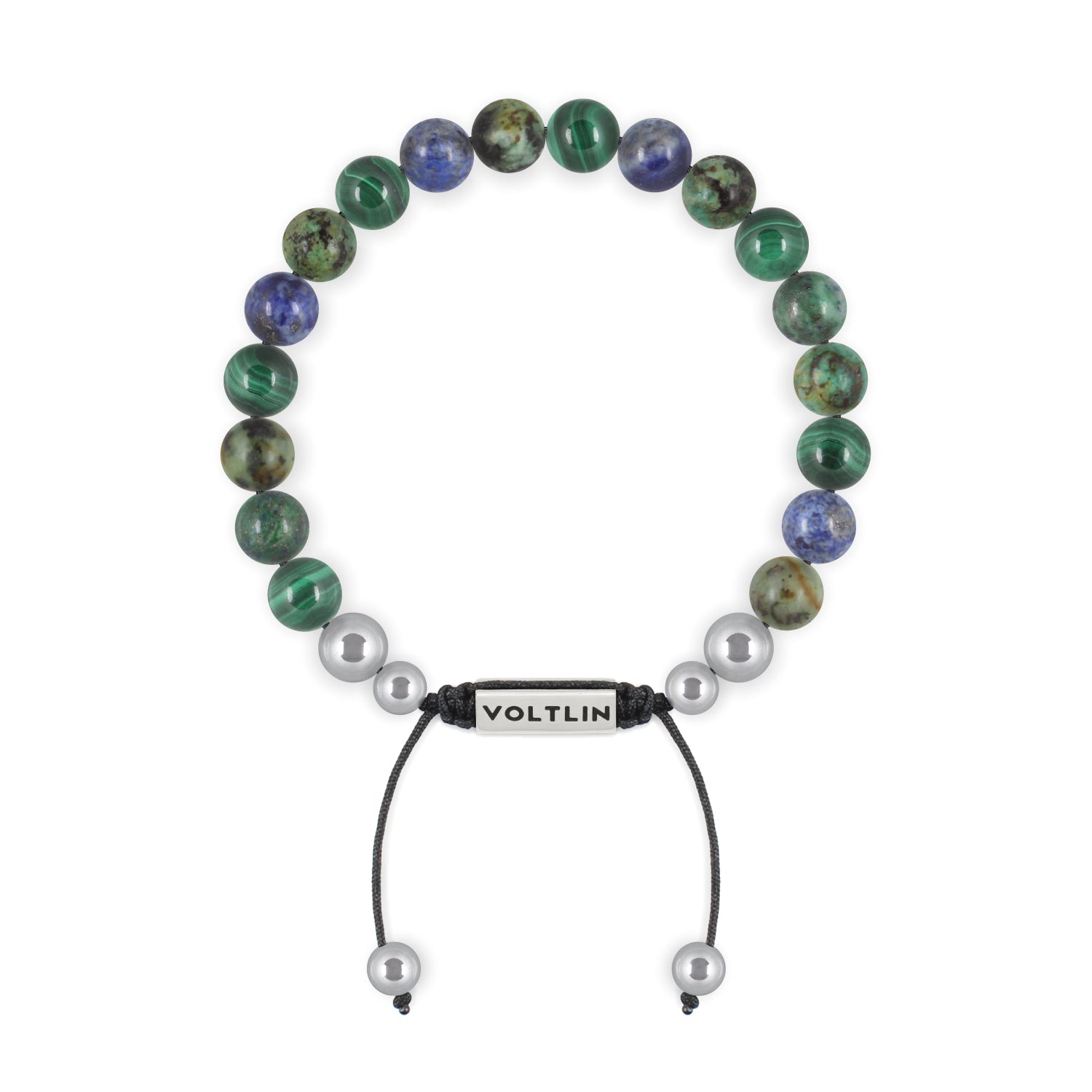 Top view of an 8mm Capricorn Zodiac beaded shamballa bracelet featuring Malachite, African Turquoise, & Azurite crystal and silver stainless steel logo bead made by Voltlin