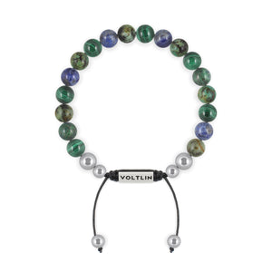 Top view of an 8mm Capricorn Zodiac beaded shamballa bracelet featuring Malachite, African Turquoise, & Azurite crystal and silver stainless steel logo bead made by Voltlin