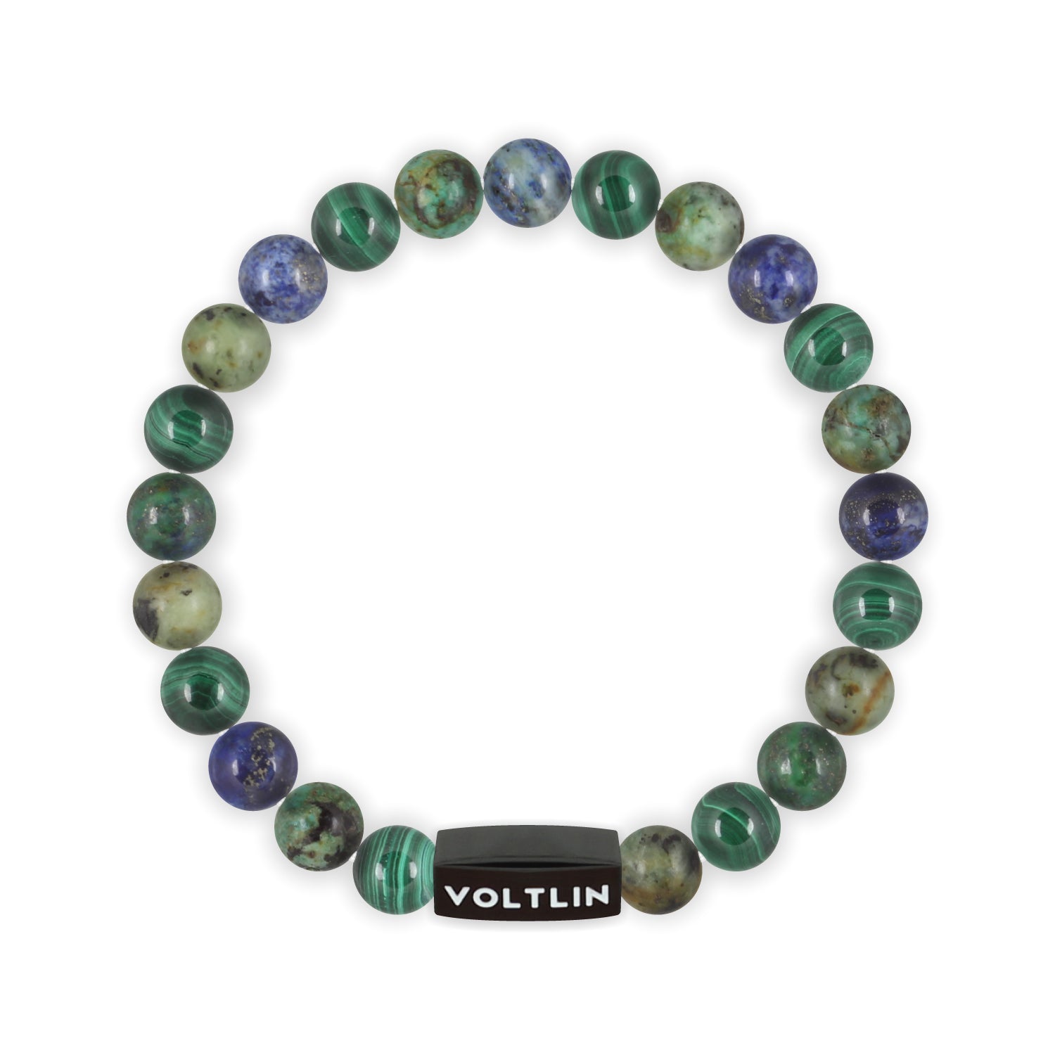 Top view of an 8mm Capricorn Zodiac crystal beaded stretch bracelet with black stainless steel logo bead made by Voltlin