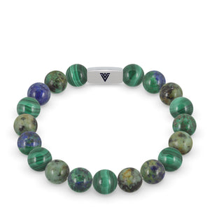 Front view of a 10mm Capricorn Zodiac beaded stretch bracelet featuring Malachite, African Turquoise, & Azurite crystal and silver stainless steel logo bead made by Voltlin
