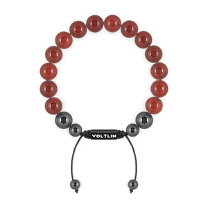 Top view of a 10mm Carnelian crystal beaded shamballa bracelet with black stainless steel logo bead made by Voltlin