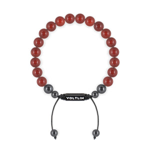 Top view of an 8mm Carnelian crystal beaded shamballa bracelet with black stainless steel logo bead made by Voltlin
