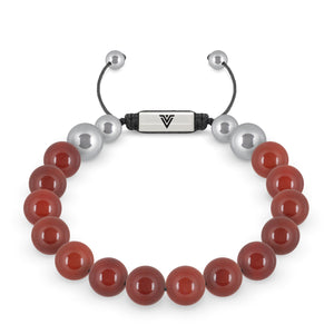 Front view of a 10mm Carnelian beaded shamballa bracelet with silver stainless steel logo bead made by Voltlin