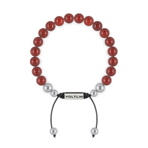 Top view of an 8mm Carnelian beaded shamballa bracelet with silver stainless steel logo bead made by Voltlin