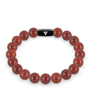 Front view of a 10mm Carnelian crystal beaded stretch bracelet with black stainless steel logo bead made by Voltlin