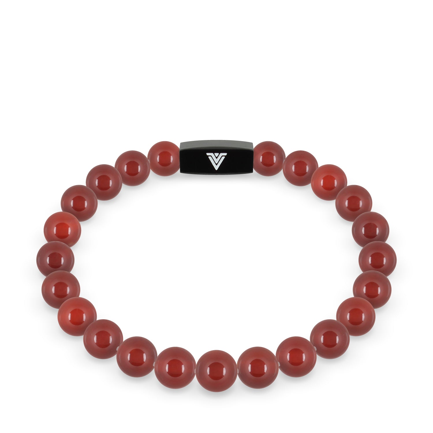 Front view of an 8mm Carnelian crystal beaded stretch bracelet with black stainless steel logo bead made by Voltlin