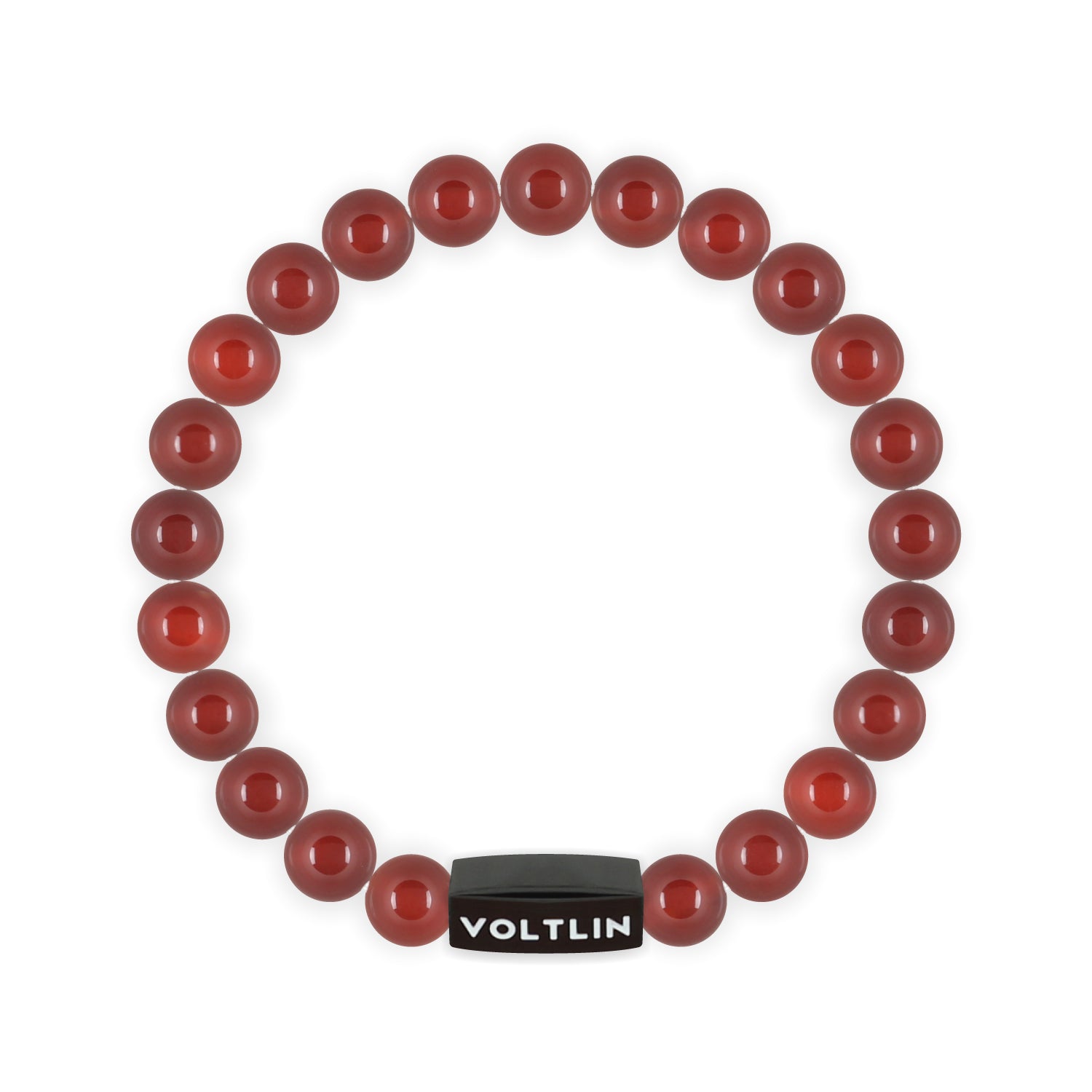 Front view of an 8mm Carnelian crystal beaded stretch bracelet with black stainless steel logo bead made by Voltlin