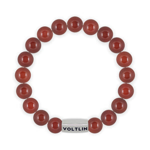 Top view of a 10mm Carnelian beaded stretch bracelet with silver stainless steel logo bead made by Voltlin