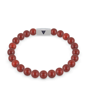 Front view of an 8mm Carnelian beaded stretch bracelet with silver stainless steel logo bead made by Voltlin
