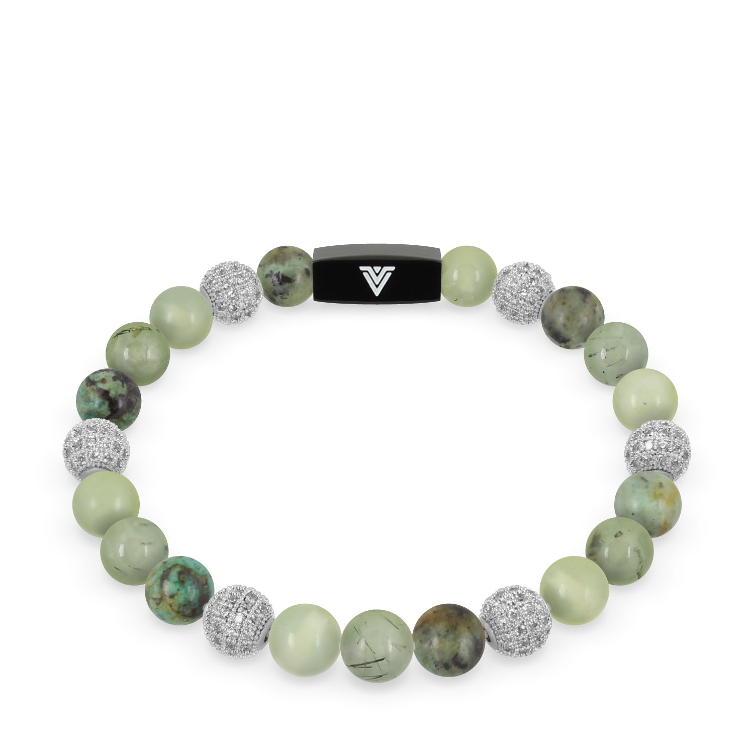 Front view of an 8mm Celadon Sirius beaded stretch bracelet featuring African Turquoise, Silver Pave, Jade, & Prehnite crystal and black stainless steel logo bead made by Voltlin