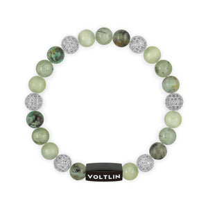 Top view of an 8 mm Celadon Sirius beaded stretch bracelet featuring African Turquoise, Silver Pave, Jade, & Prehnite crystal and black stainless steel logo bead made by Voltlin