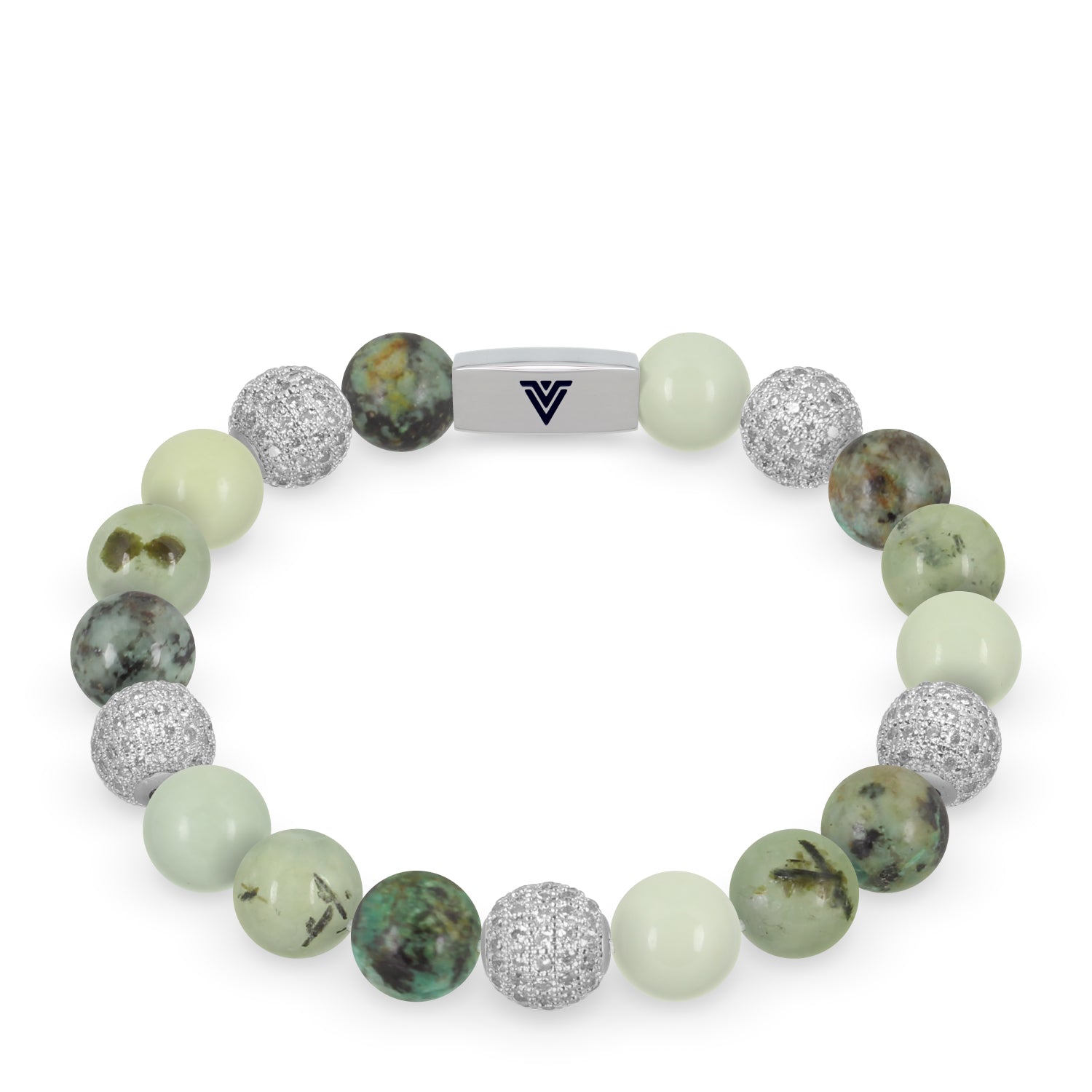 Front view of a 10mm Celadon Sirius beaded stretch bracelet featuring African Turquoise, Silver Pave, Jade, & Prehnite crystal and silver stainless steel logo bead made by Voltlin